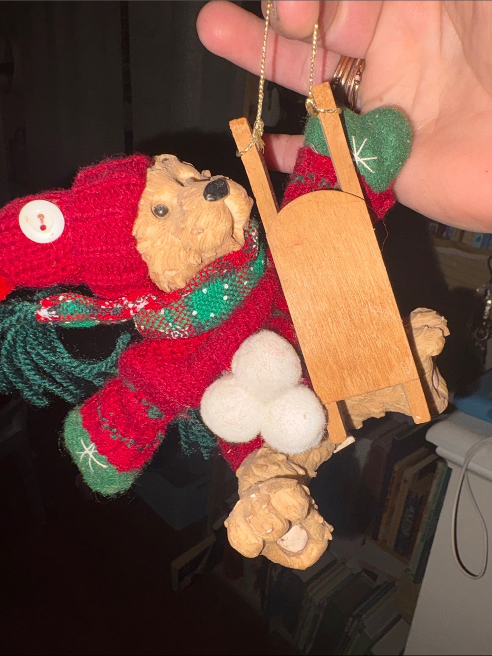 Holiday Bear Ornament with Sled in Red and Green